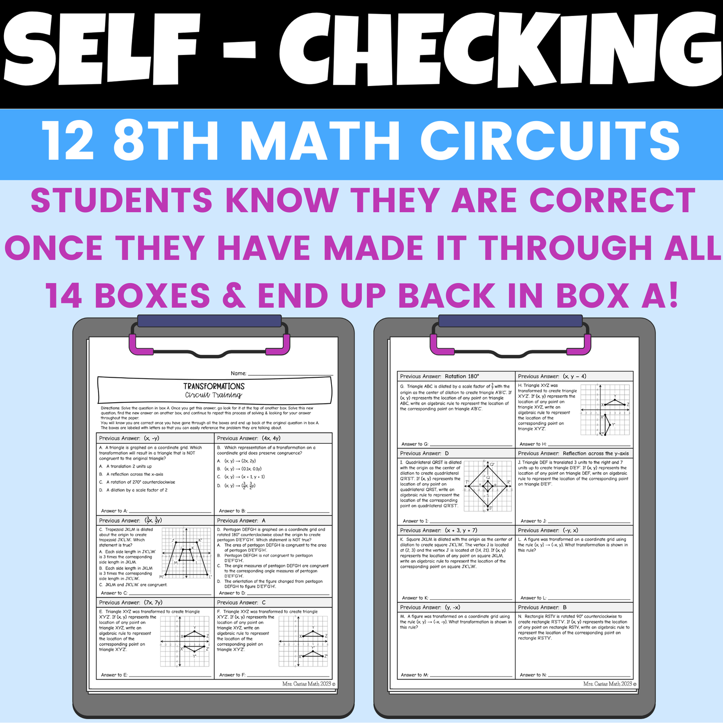 8th Grade Math Review Worksheets Self Checking Circuit Activities