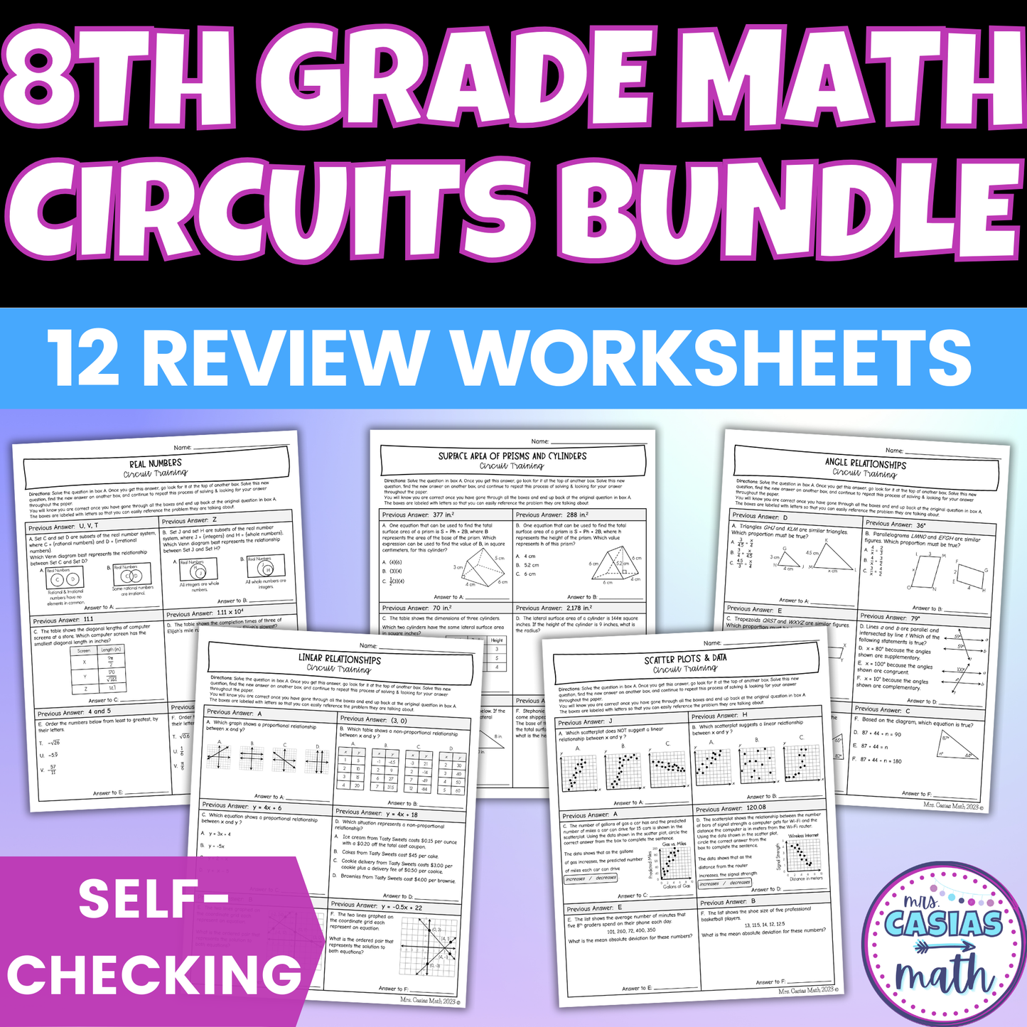 8th Grade Math Review Worksheets Self Checking Circuit Activities