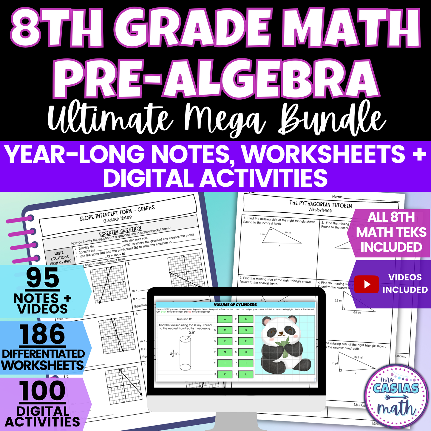 8th Grade Math Notes, Worksheets and Activities BUNDLE Entire Year