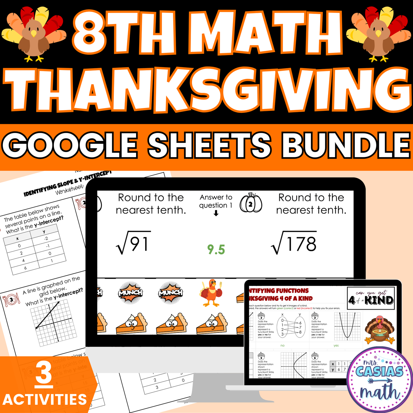 Thanksgiving Math Activities 8th Grade Google Sheets and Worksheets BUNDLE
