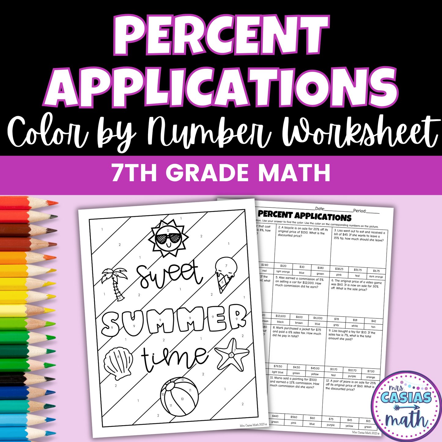 Percent Applications Tax, Tip, Discount & Commissions Summer Coloring Worksheet