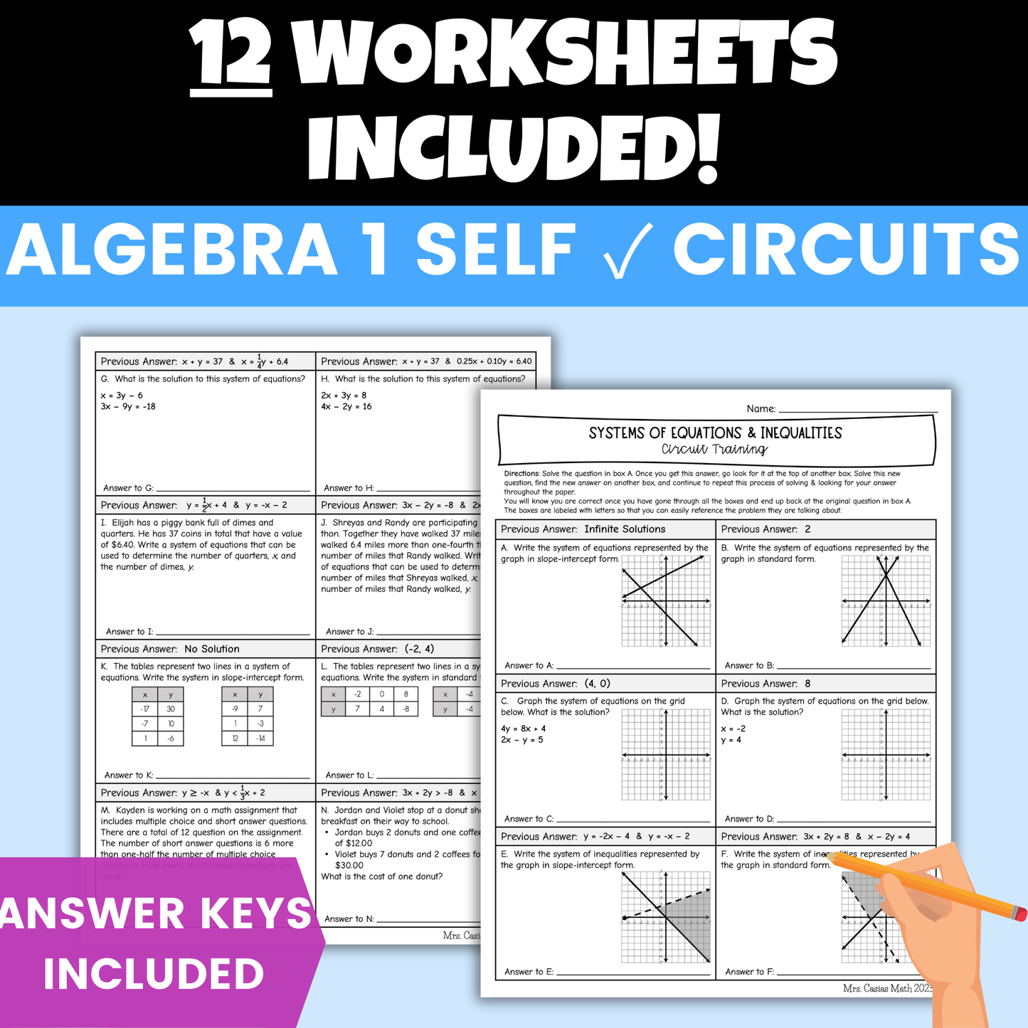 Algebra 1 EOC Review Worksheets Self Checking Circuit Activities