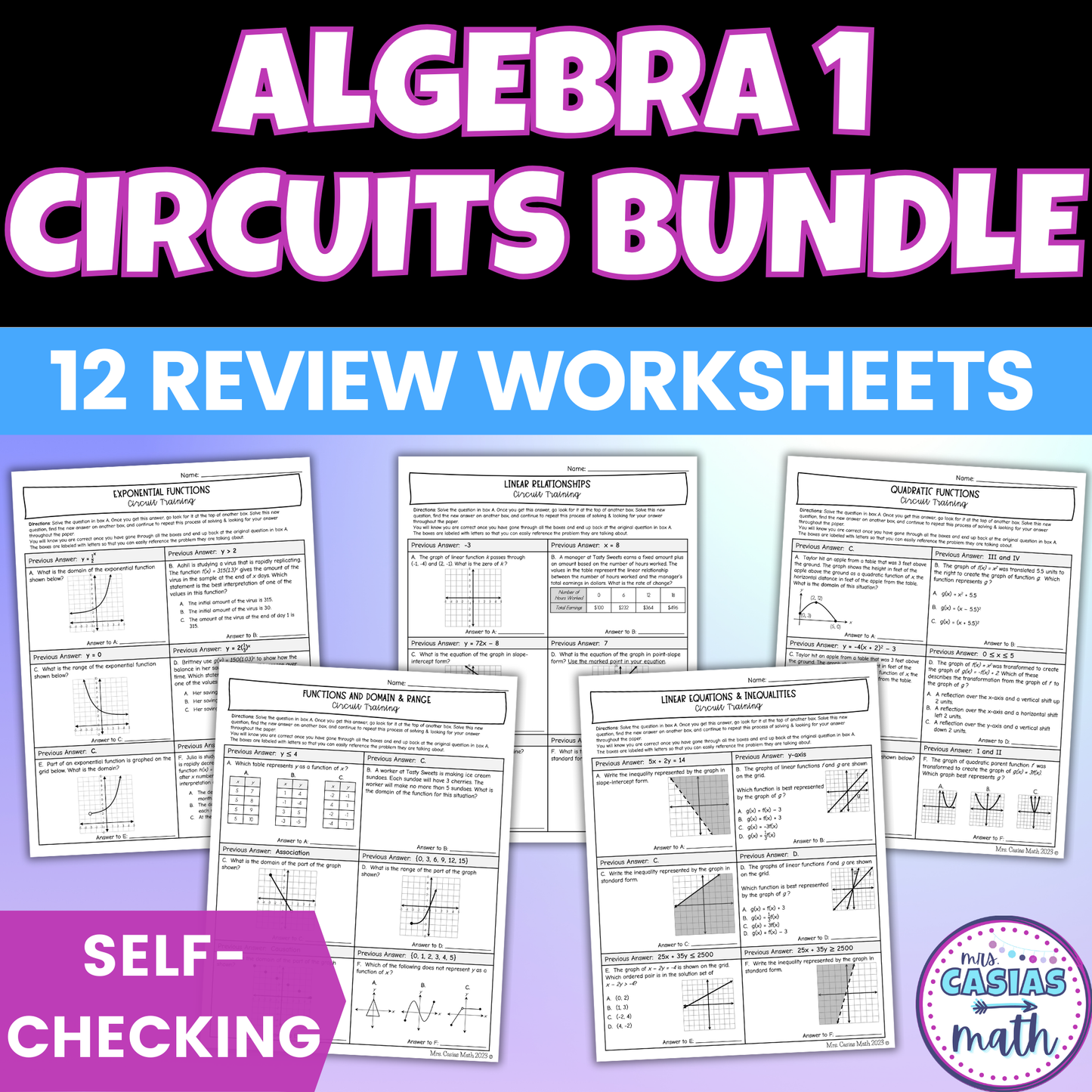 Algebra 1 EOC Review Worksheets Self Checking Circuit Activities