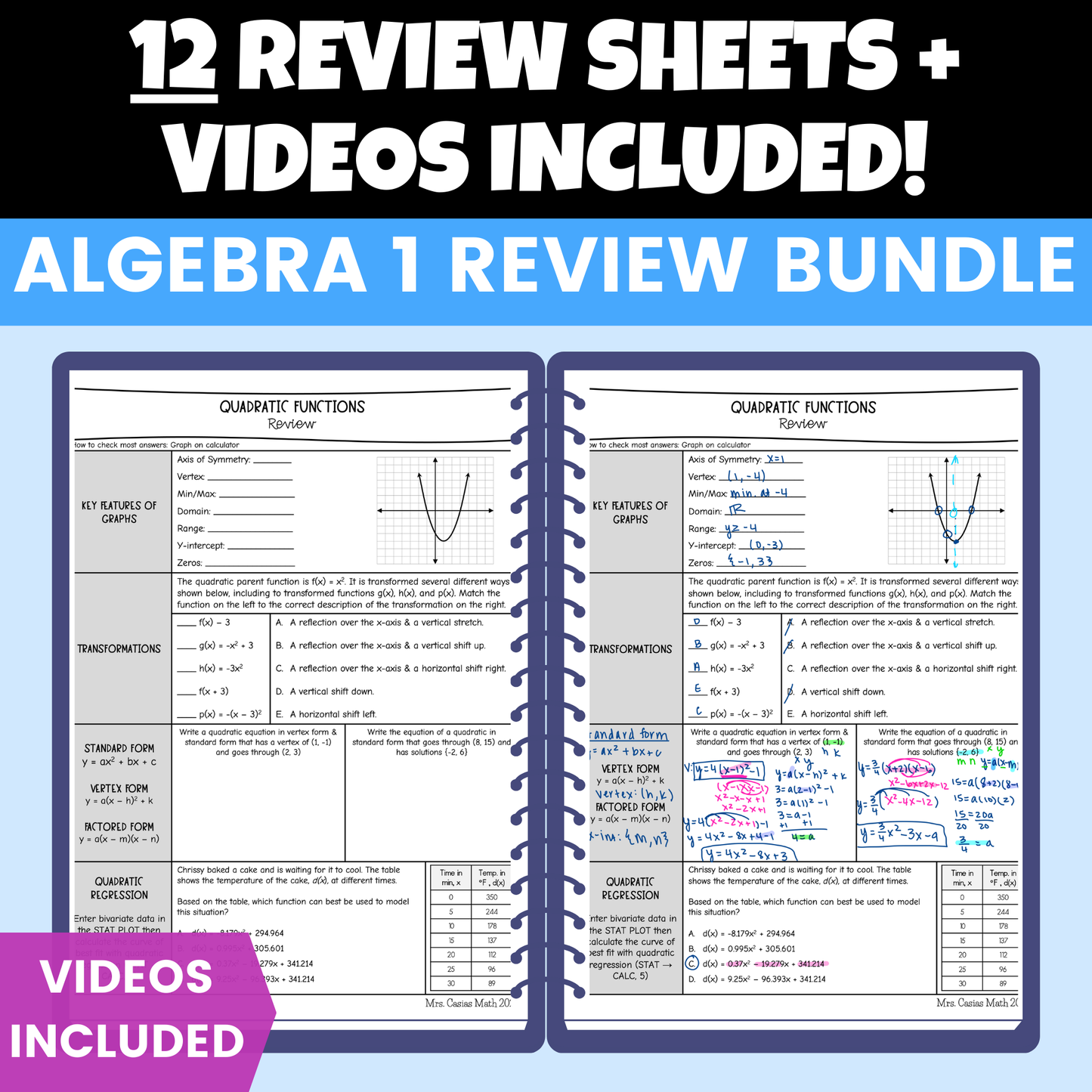 Algebra 1 EOC Review BUNDLE - Review Sheets, Mini Quizzes, Worksheets