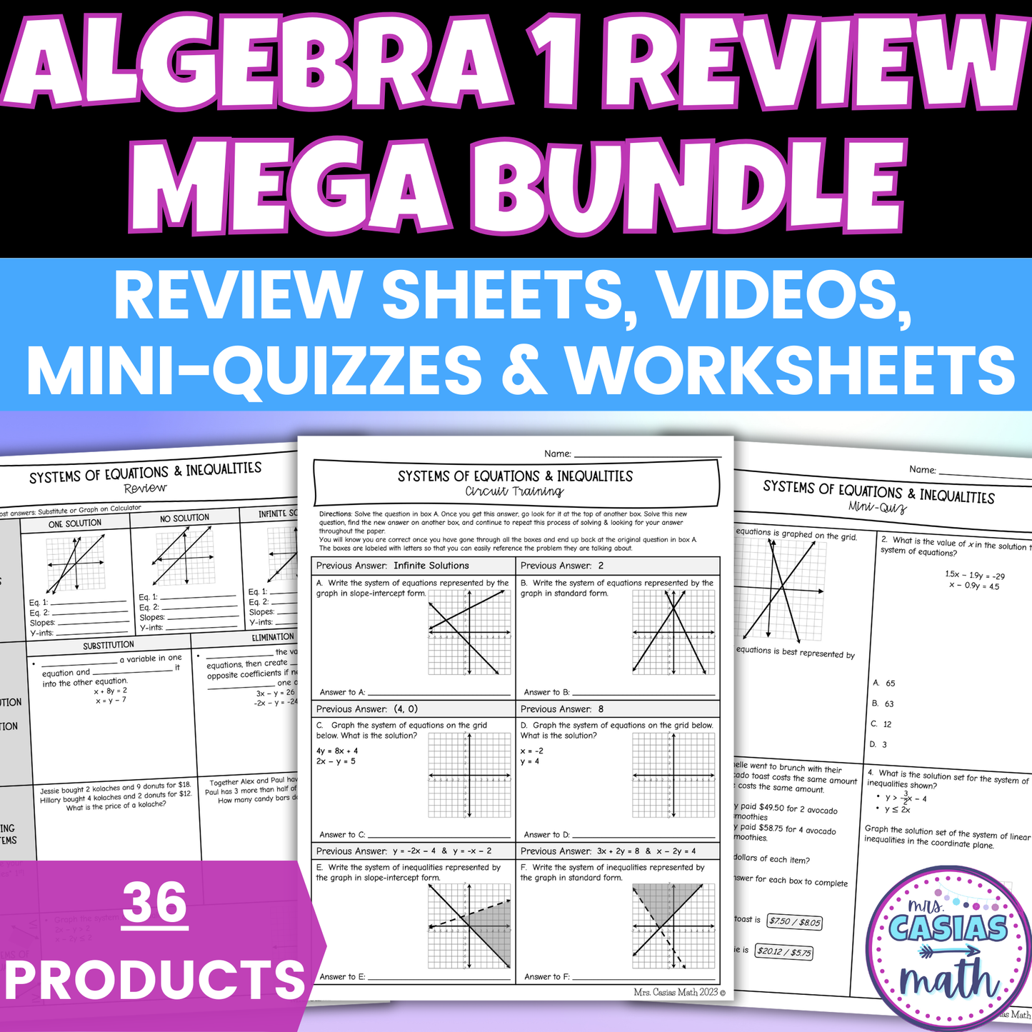 Algebra 1 EOC Review BUNDLE - Review Sheets, Mini Quizzes, Worksheets