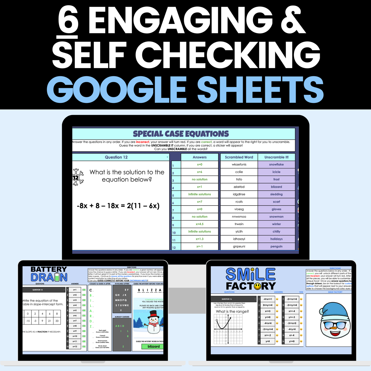 Algebra 1 Winter Activities Google Sheets and Worksheets BUNDLE