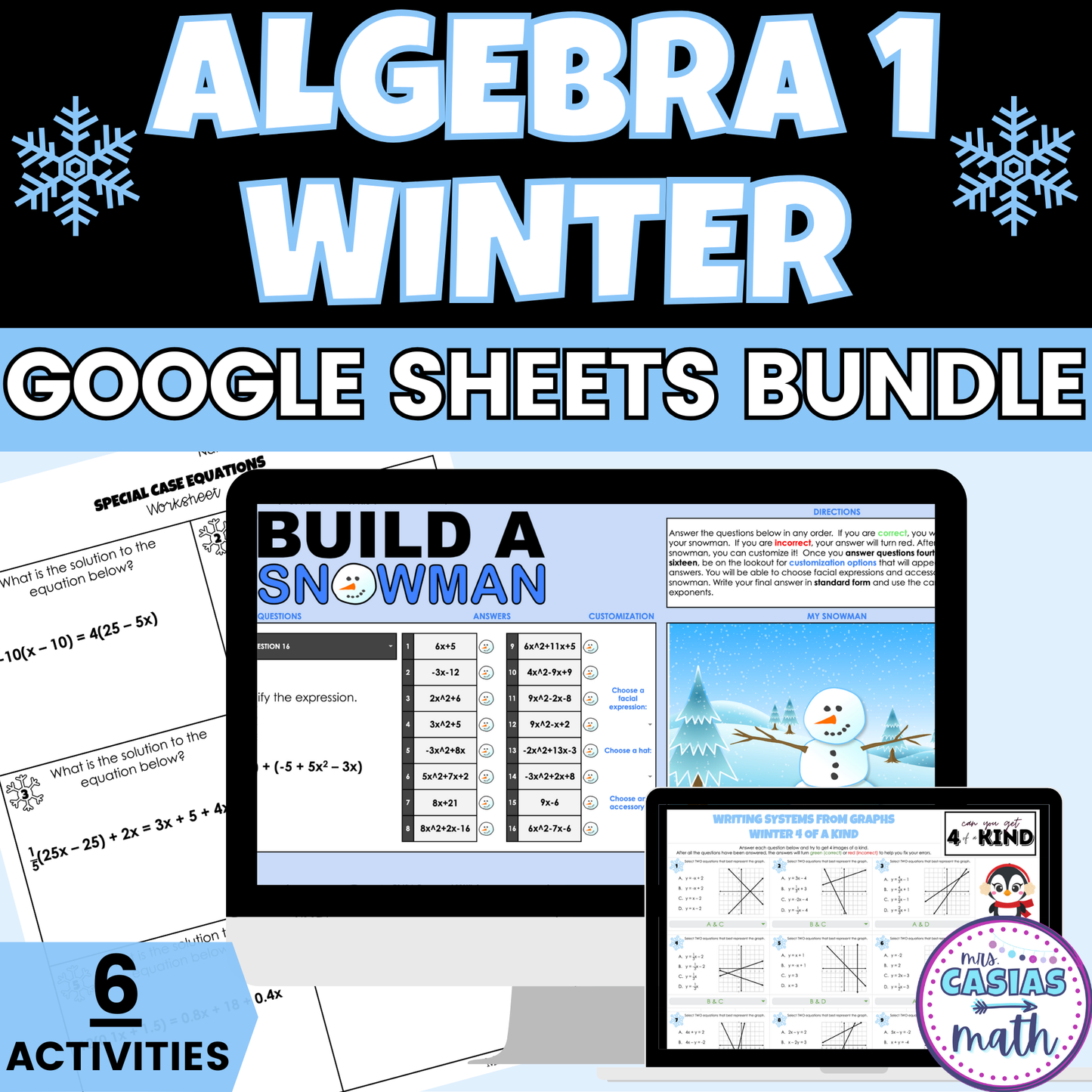 Algebra 1 Winter Activities Google Sheets and Worksheets BUNDLE