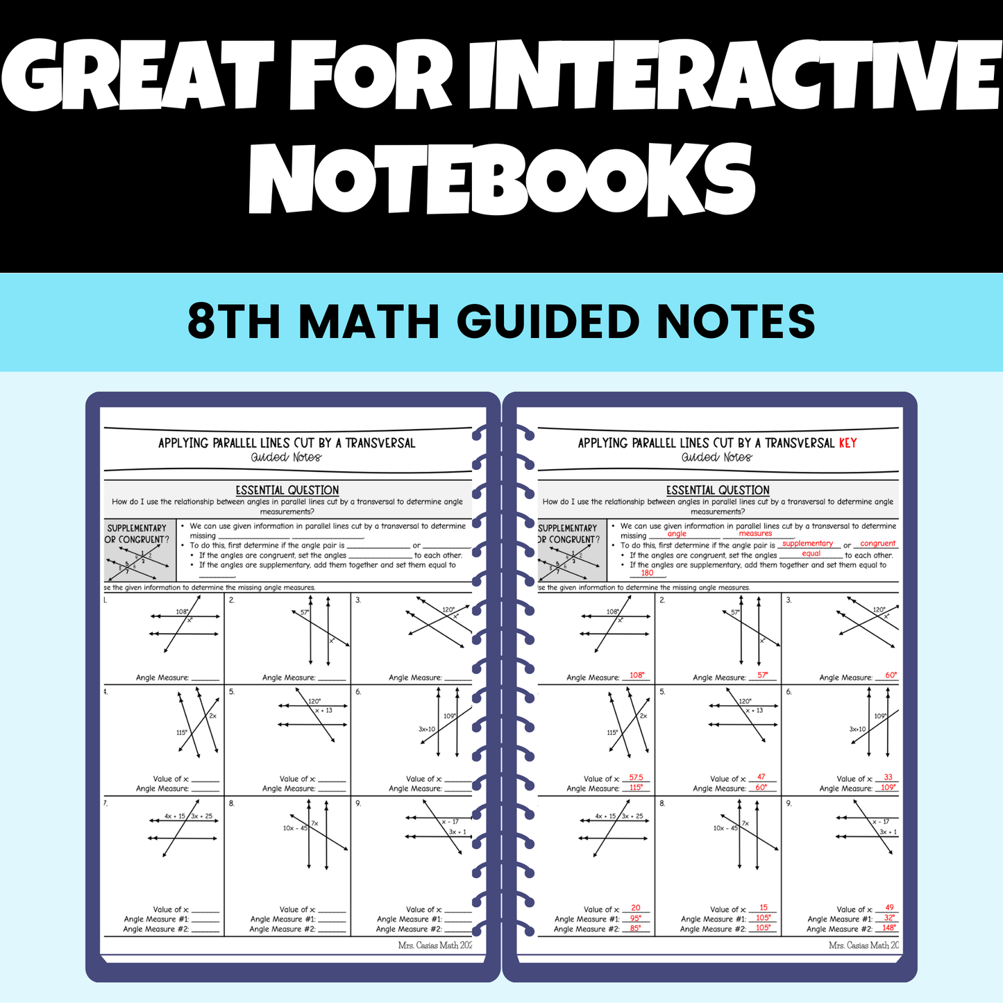 Angle Relationships Guided Notes Lessons 8th Grade Math