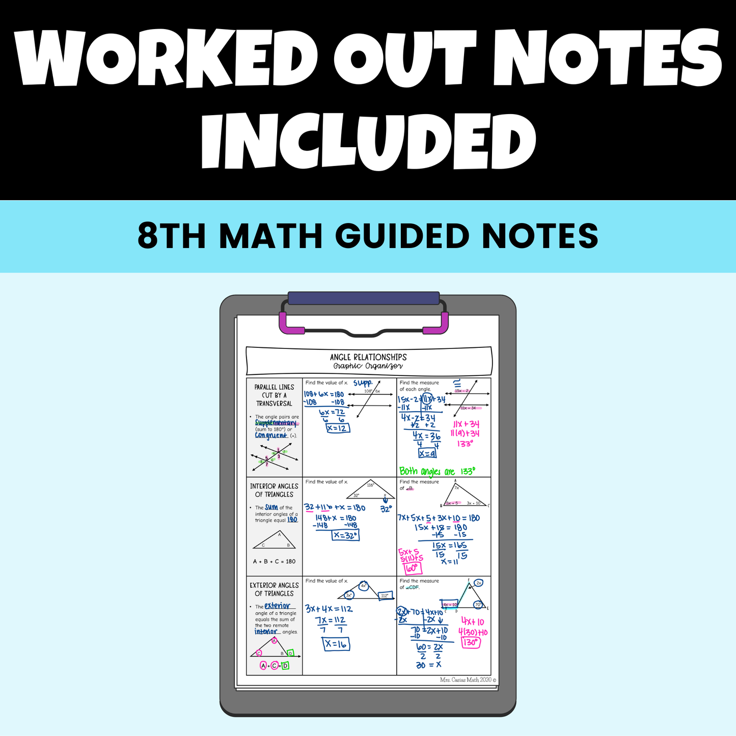 Angle Relationships Guided Notes Lessons 8th Grade Math