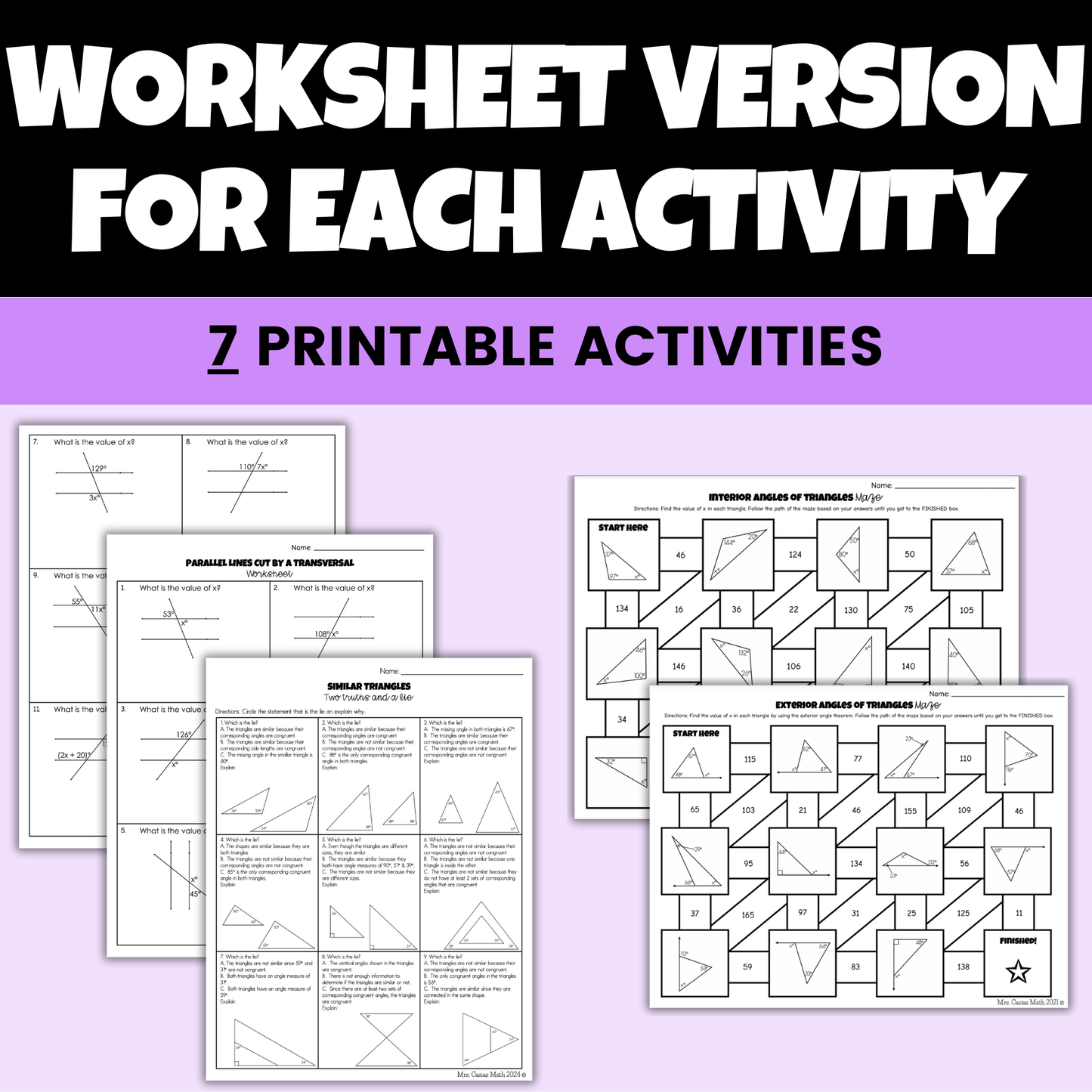 Angle Relationships Digital Activities and Worksheets 8th Grade Math