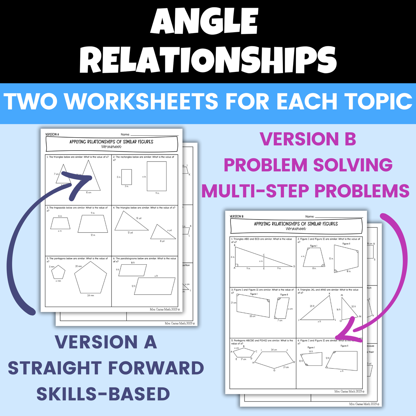 Angle Relationships Differentiated Worksheets 8th Grade Math