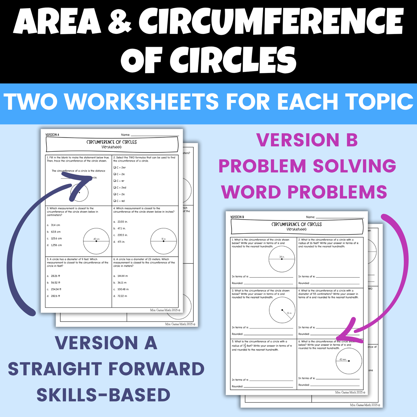 Area and Circumference of Circles Differentiated Worksheets BUNDLE 7th Grade Math