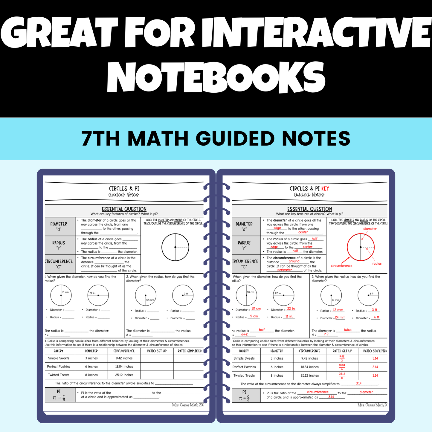 Area and Circumference of Circles Guided Notes Lessons 7th Grade Math
