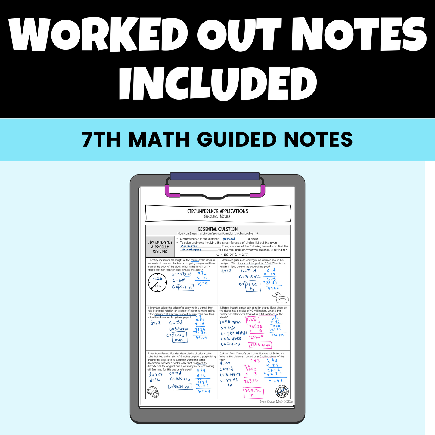 Area and Circumference of Circles Guided Notes Lessons 7th Grade Math