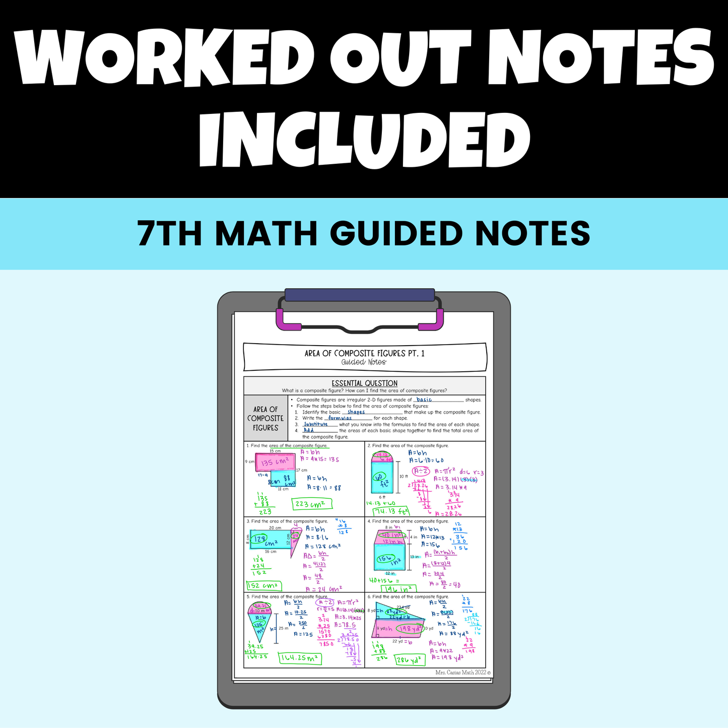 Area of Composite Figures and Nets Guided Notes Lessons 7th Grade Math