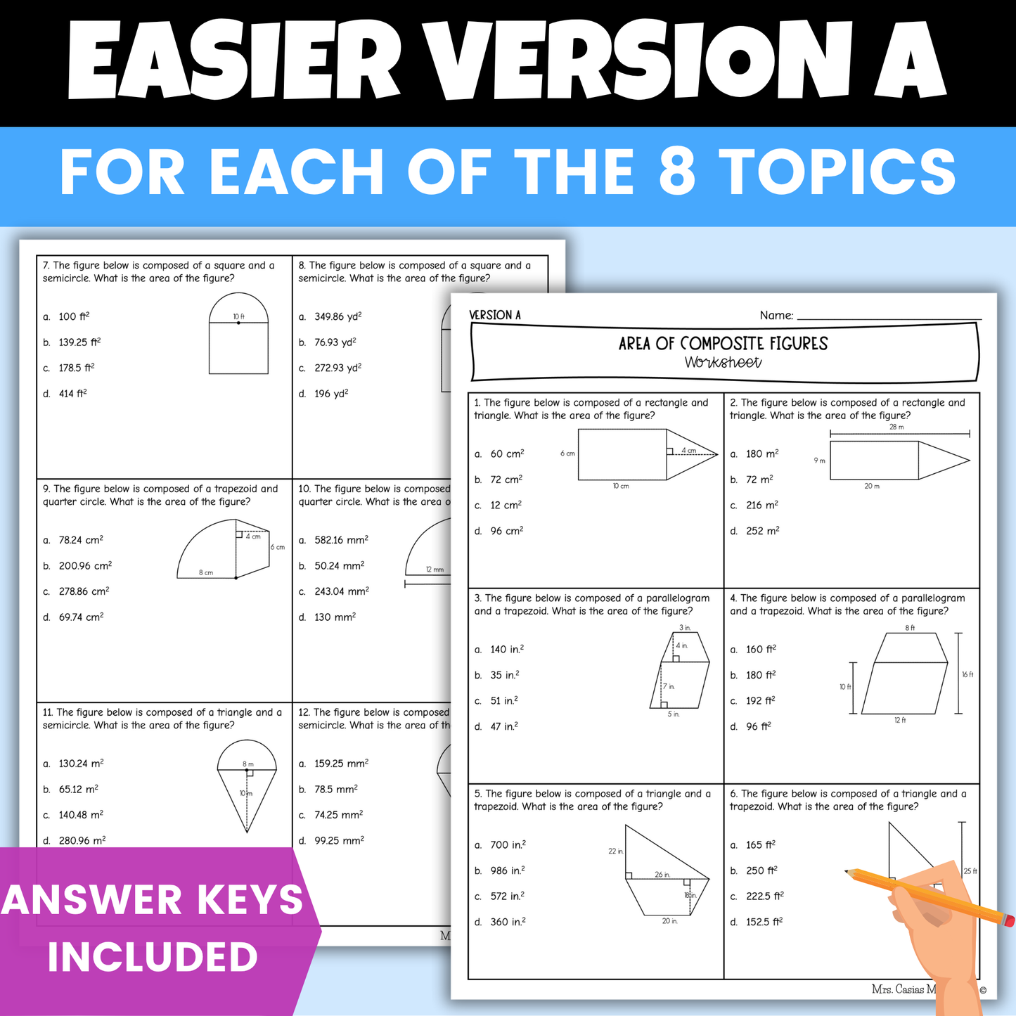 Area of Composite Figures and Surface Area of Prisms and Pyramids from Nets Differentiated Worksheets BUNDLE 7th Grade Math