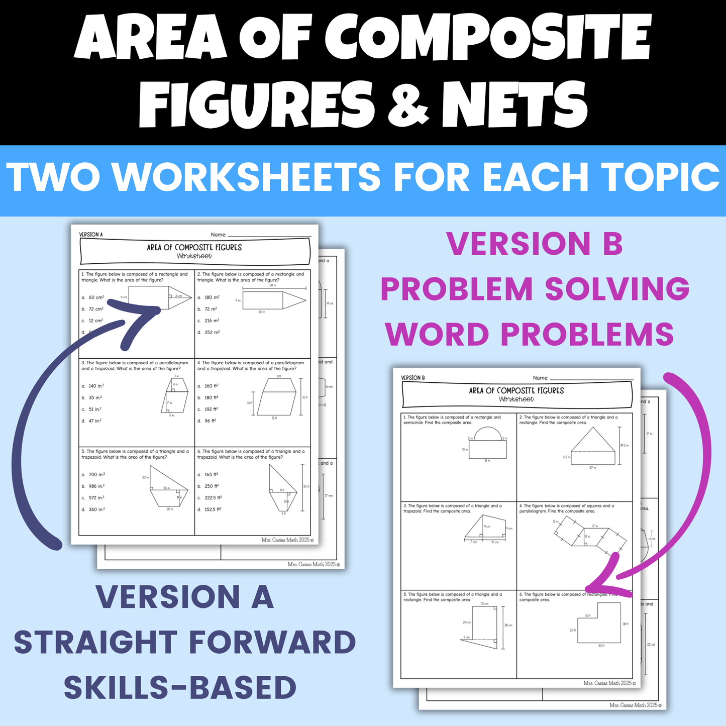 Area of Composite Figures and Surface Area of Prisms and Pyramids from Nets Differentiated Worksheets BUNDLE 7th Grade Math