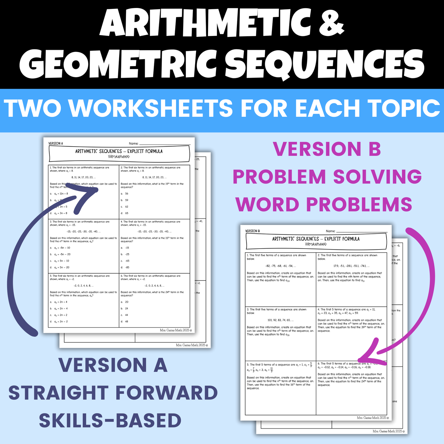 Arithmetic and Geometric Sequences Algebra 1 Differentiated Worksheets BUNDLE