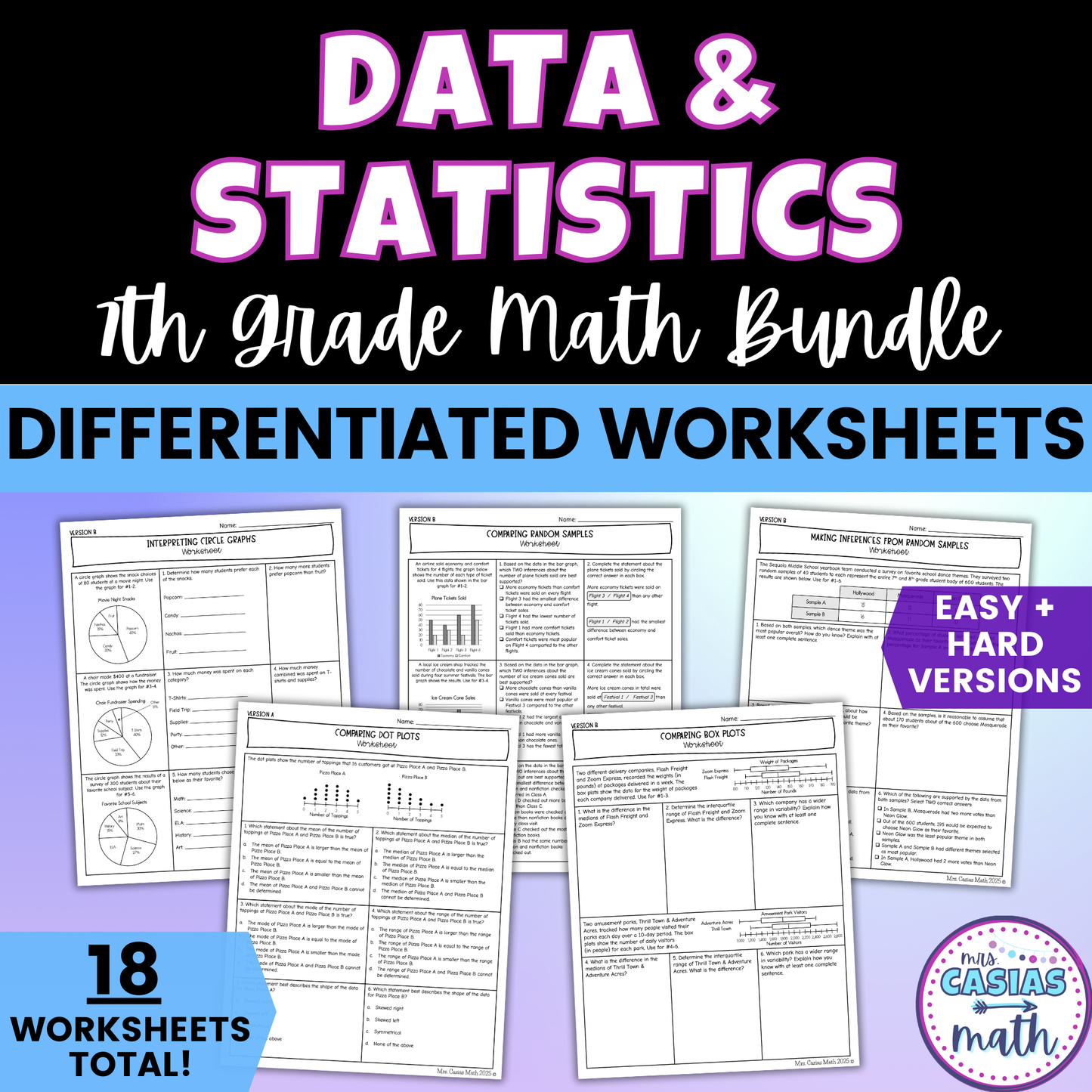 Data and Statistics Differentiated Worksheets BUNDLE 7th Grade Math