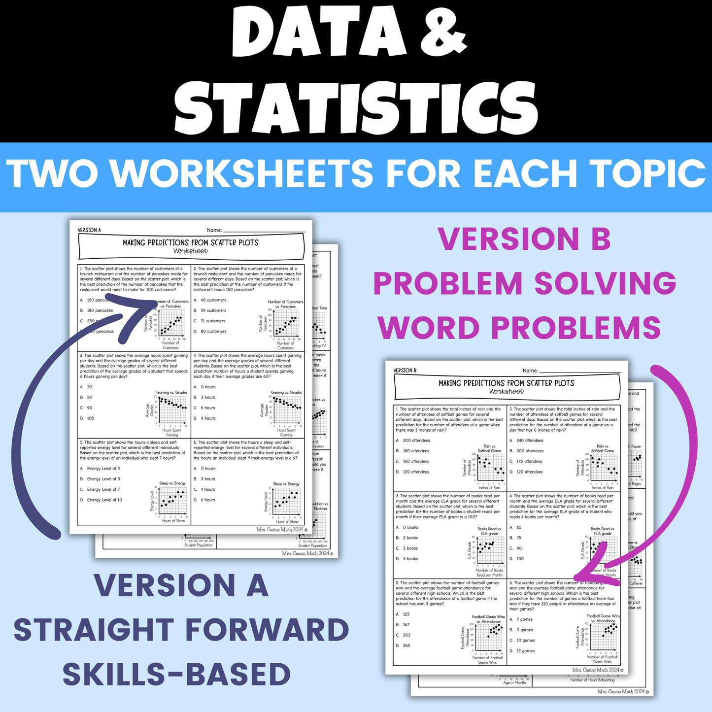Data and Statistics Differentiated Worksheets 8th Grade Math