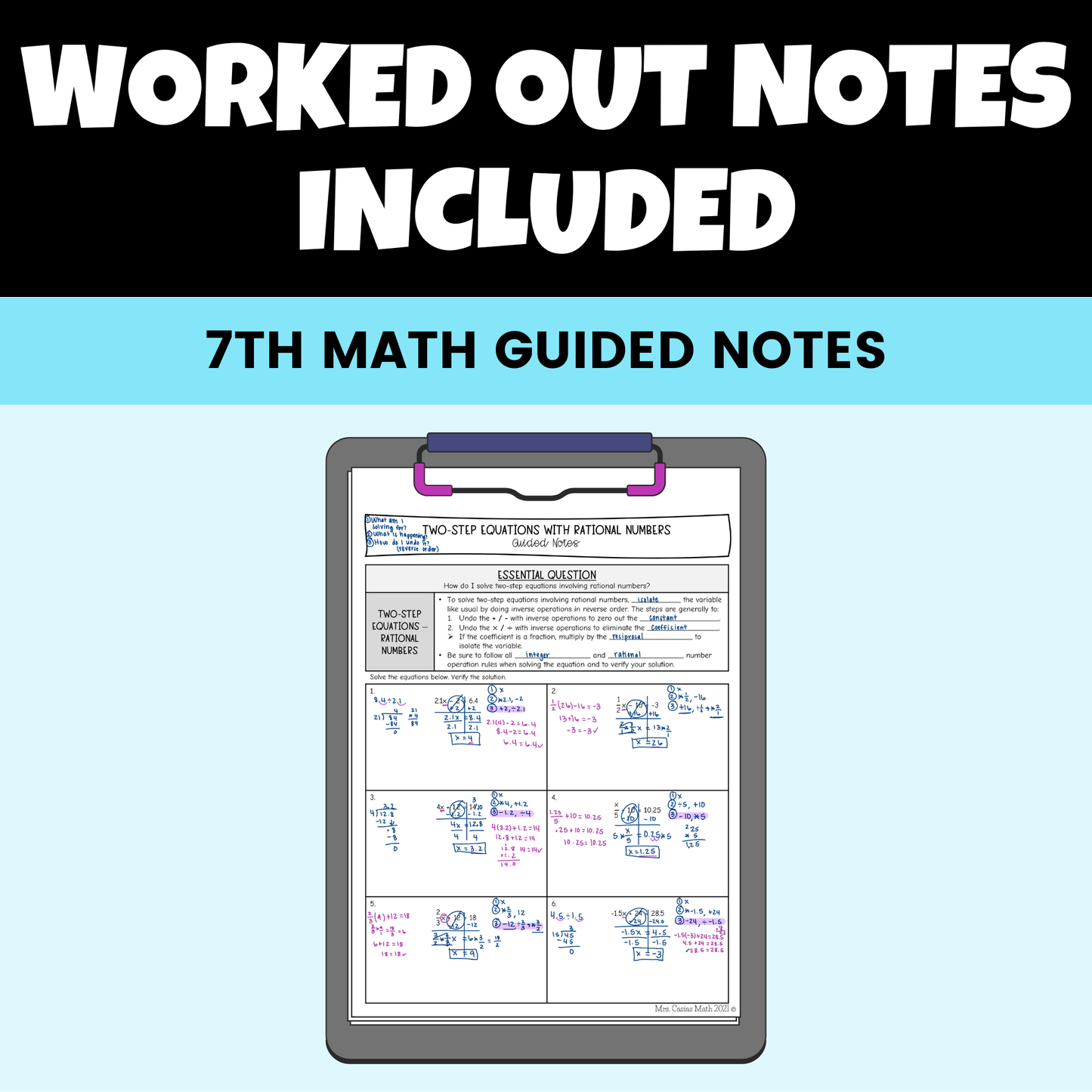 Two Step Equations and Inequalities Guided Notes Lessons 7th Grade Math
