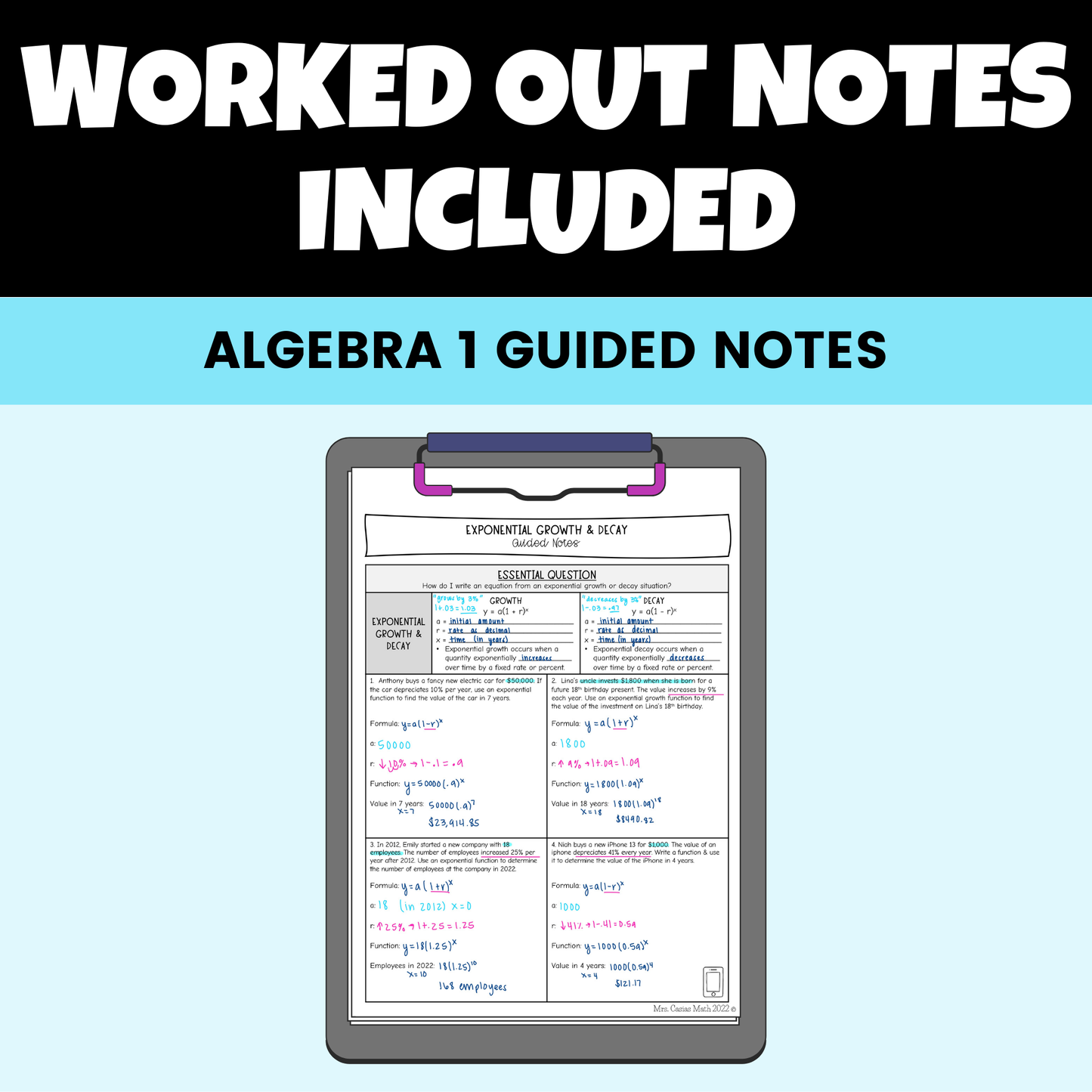 Exponential Functions Guided Notes Lessons Algebra 1
