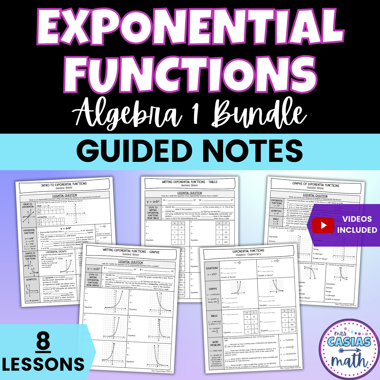 Exponential Functions Guided Notes Lessons Algebra 1