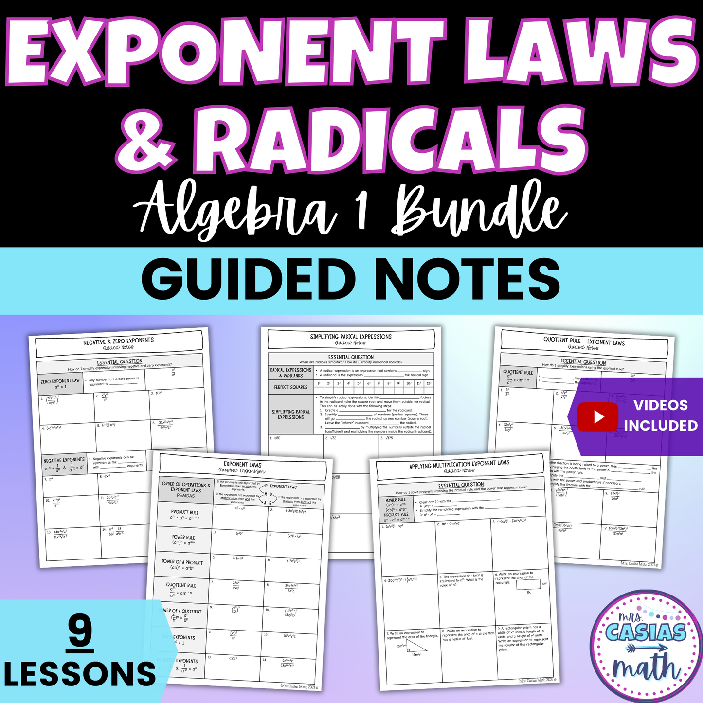 Law of Exponents and Radicals Guided Notes Lessons Algebra 1