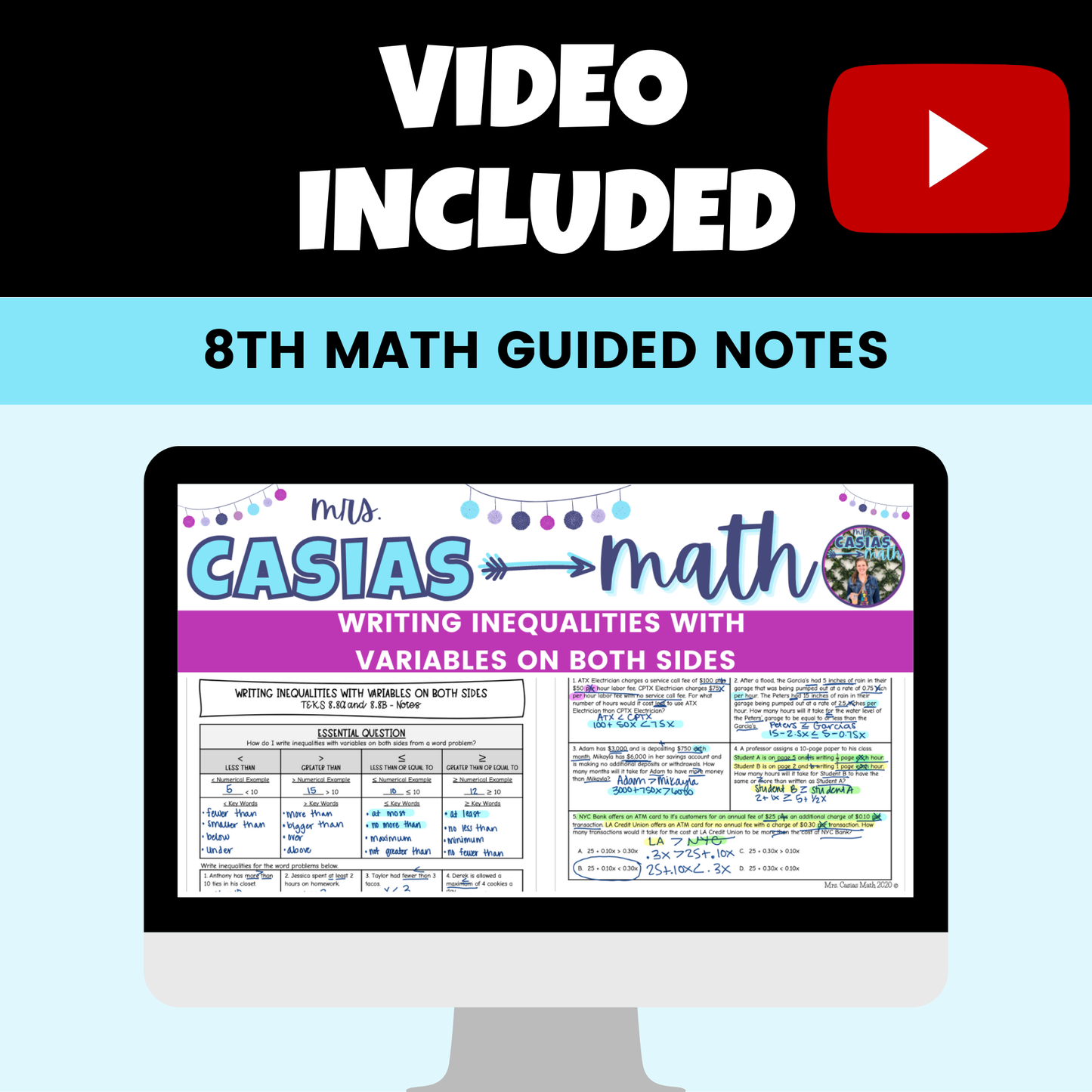 Expressions and Equations Guided Notes Lessons 8th Grade Math