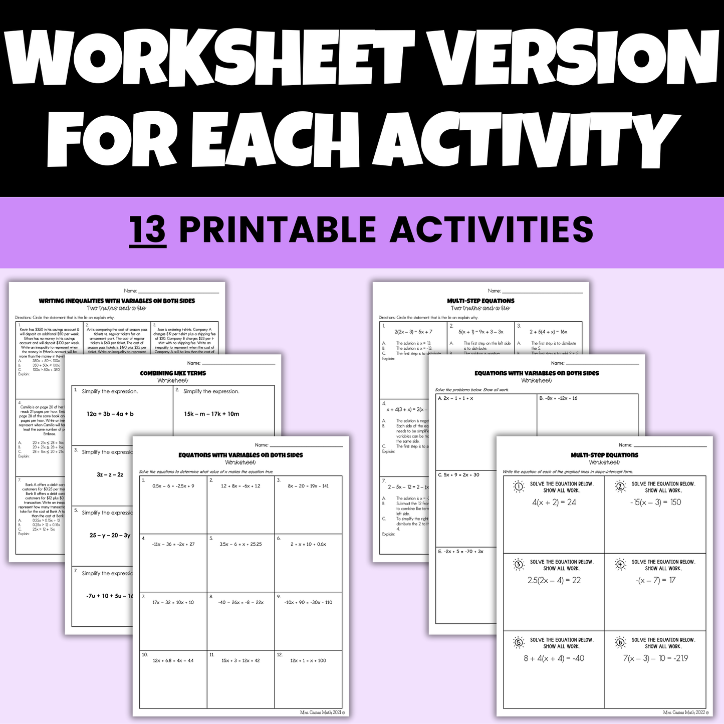 Expressions and Equations Digital Activities and Worksheets 8th Grade Math