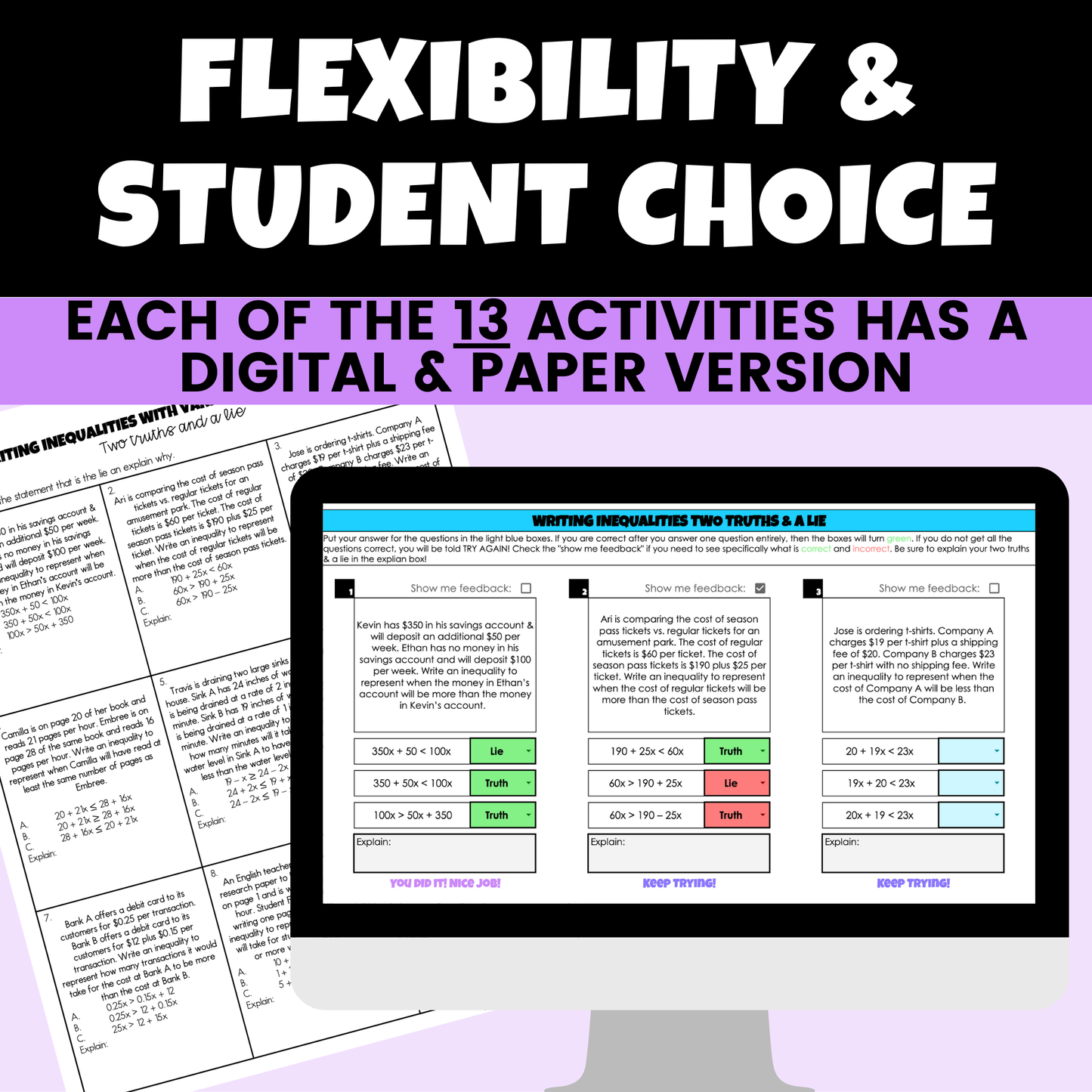 Expressions and Equations Digital Activities and Worksheets 8th Grade Math
