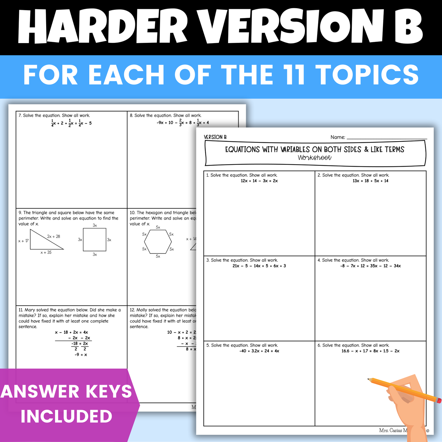 Expressions and Equations Differentiated Worksheets 8th Grade Math