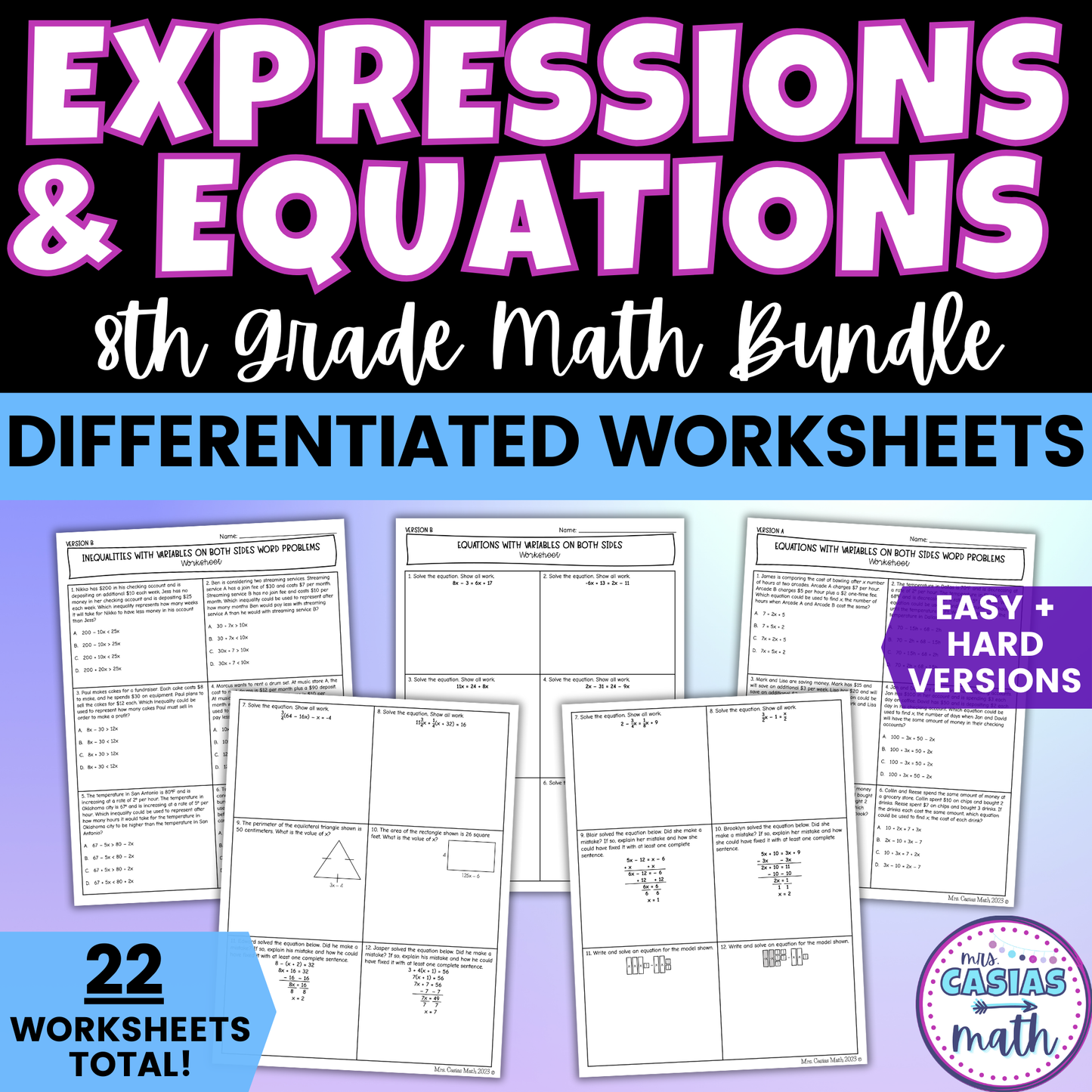 Expressions and Equations Differentiated Worksheets 8th Grade Math