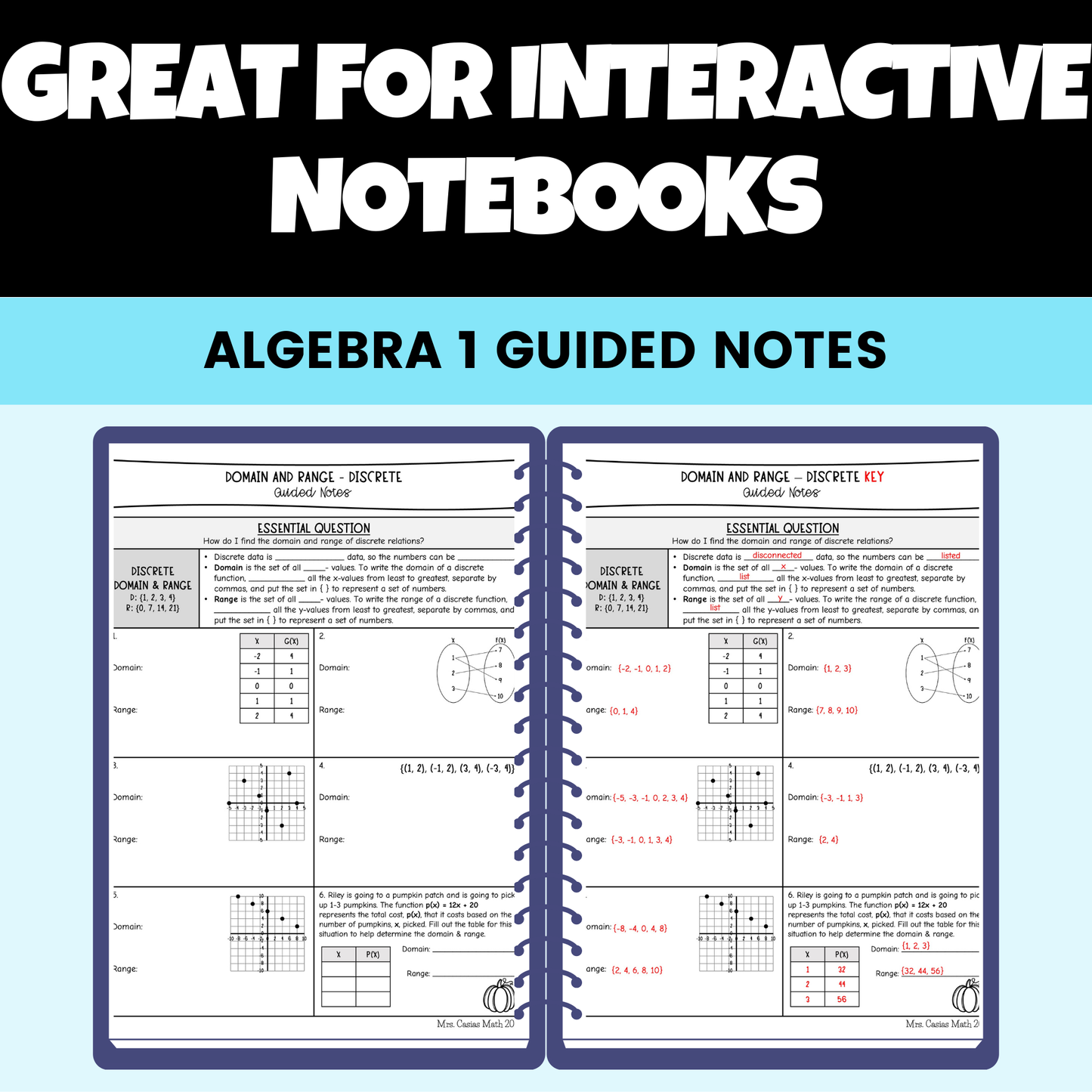 Functions and Domain and Range Guided Notes Lessons Algebra 1