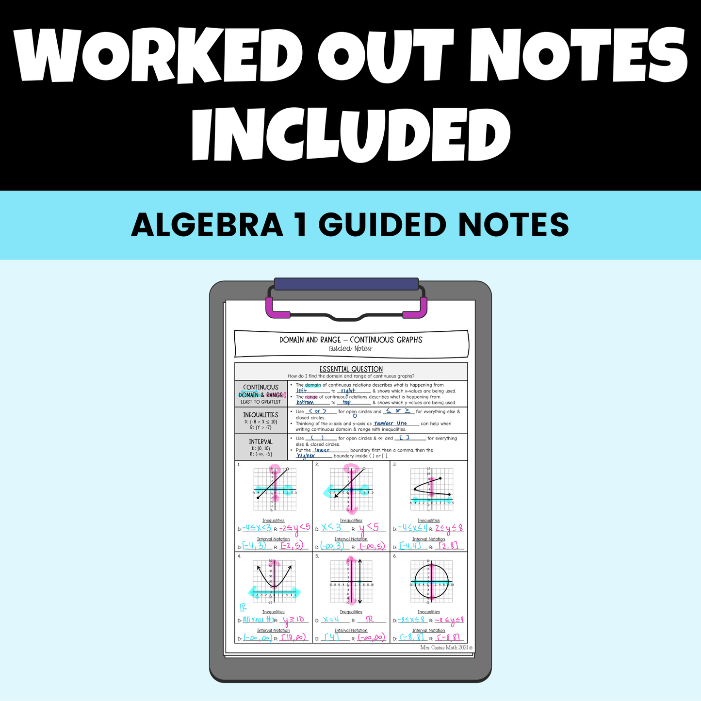 Functions and Domain and Range Guided Notes Lessons Algebra 1