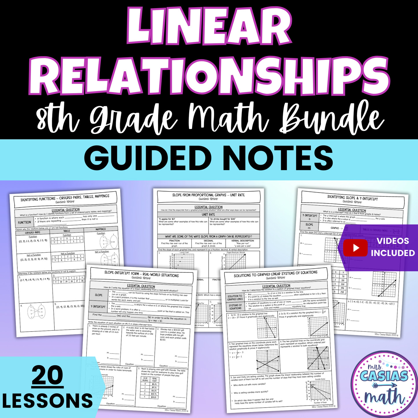 Linear Relationships Guided Notes Lessons 8th Grade Math