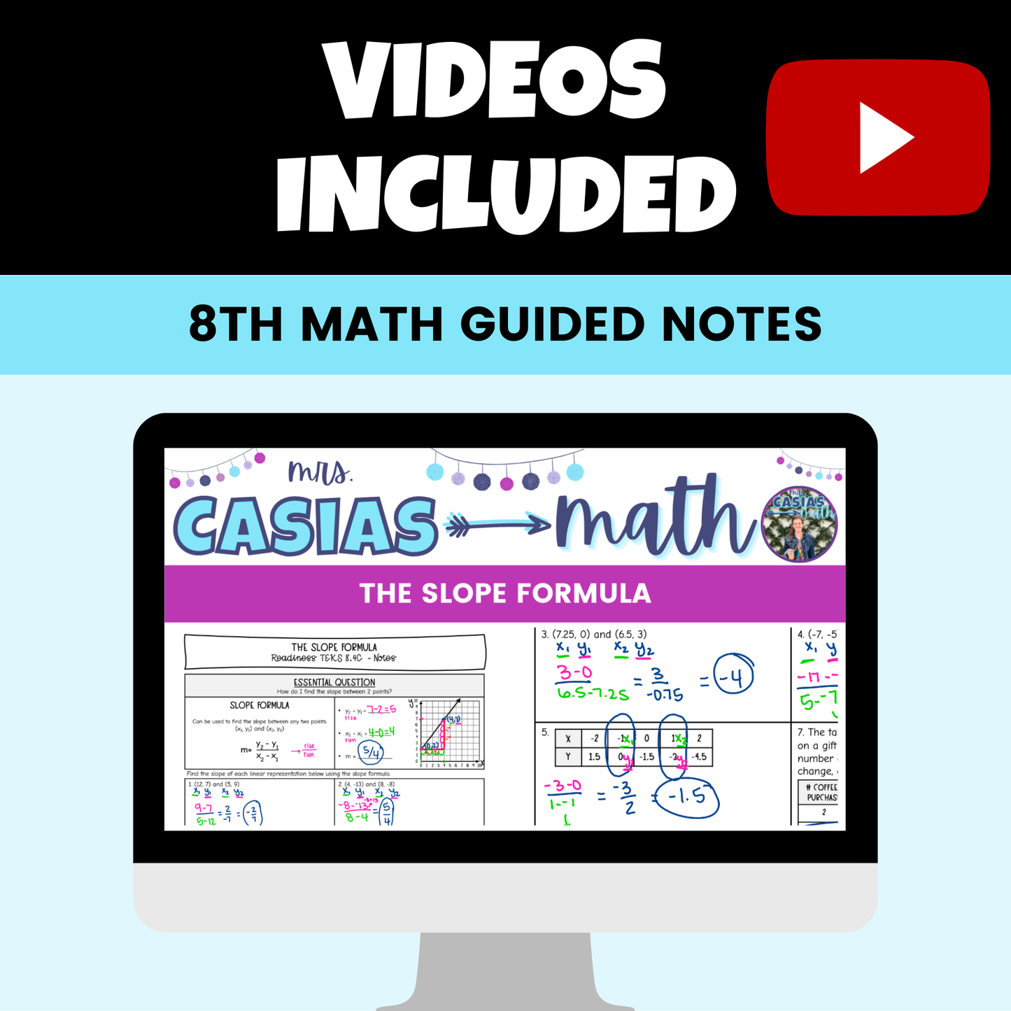 Linear Relationships Guided Notes Lessons 8th Grade Math