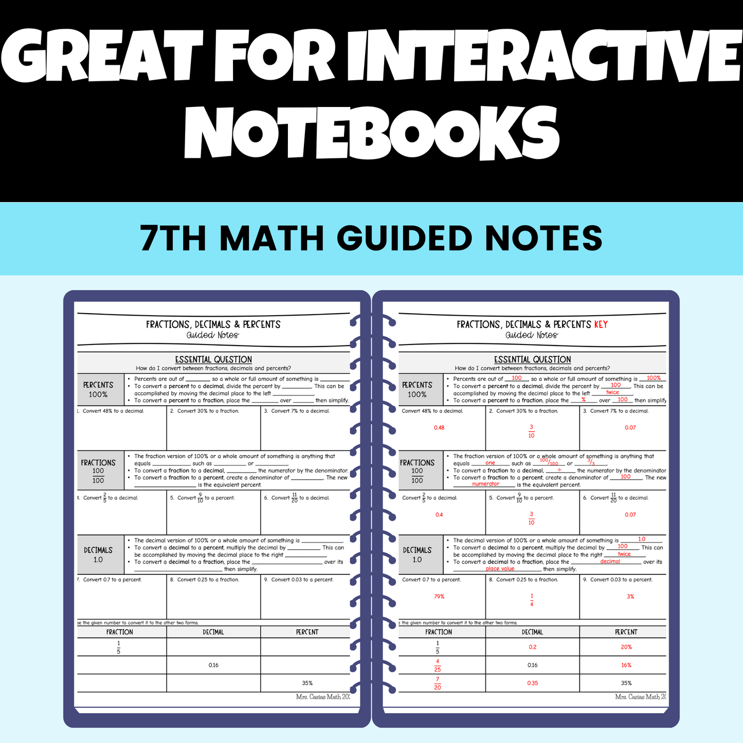 Percent Proportions and Percent of Change Guided Notes Lessons 7th Grade Math