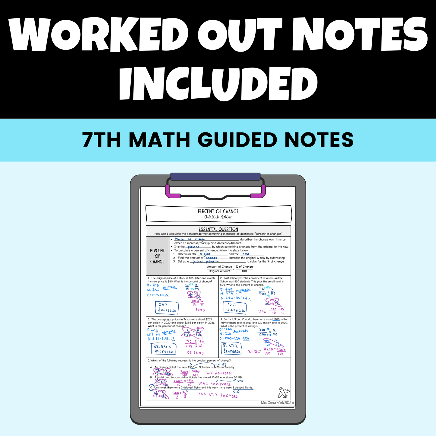 Percent Proportions and Percent of Change Guided Notes Lessons 7th Grade Math