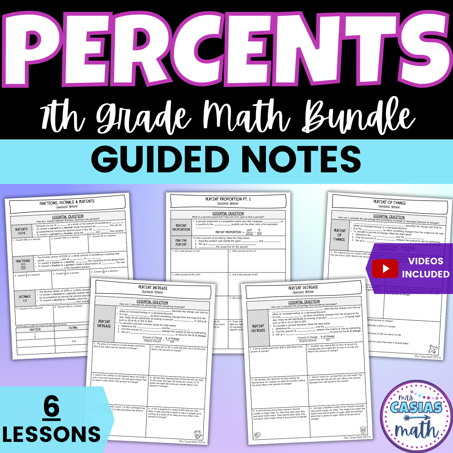 Percent Proportions and Percent of Change Guided Notes Lessons 7th Grade Math