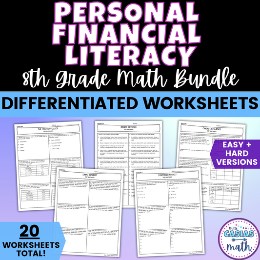 Personal Financial Literacy Differentiated Worksheets 8th Grade Math