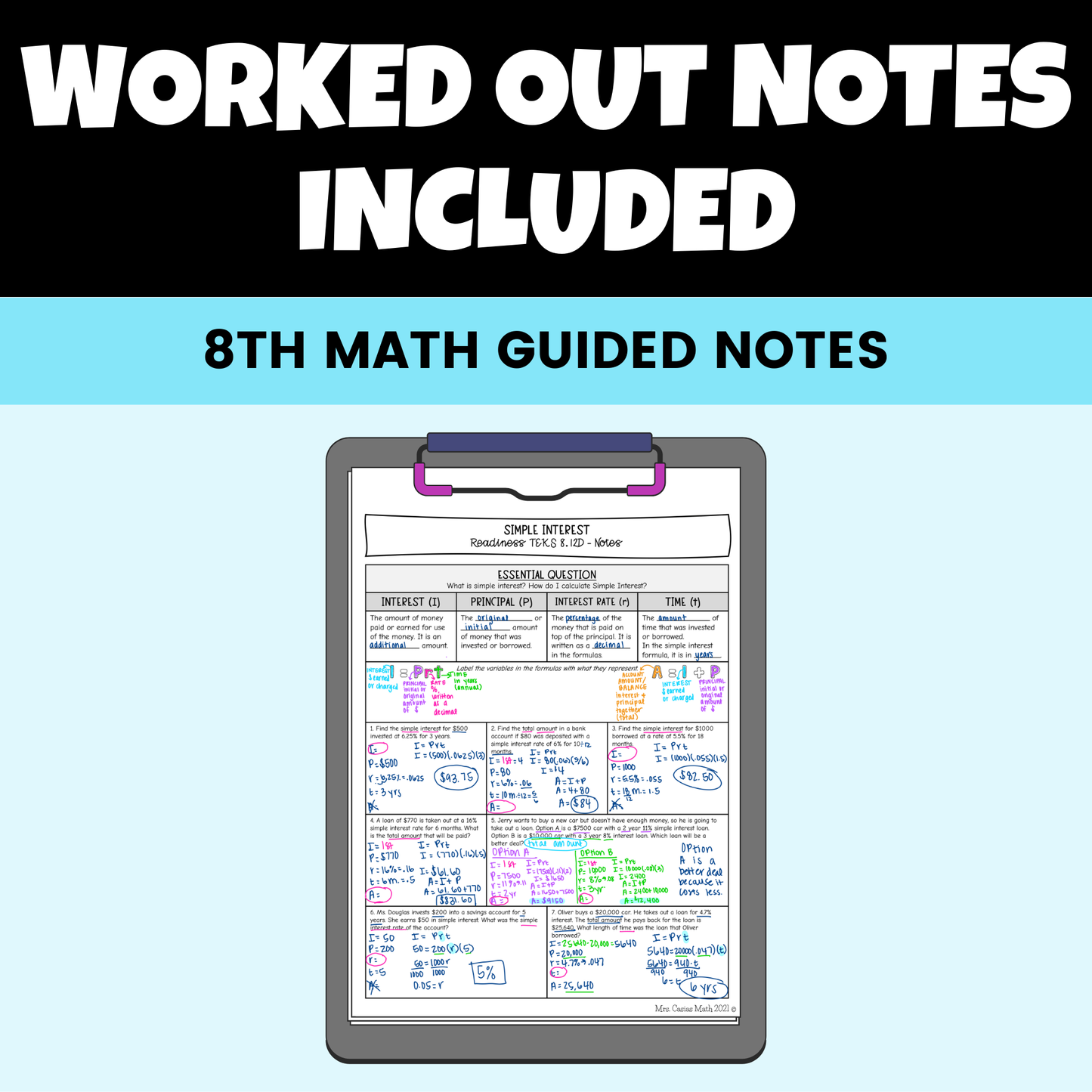 Personal Financial Literacy Guided Notes Lessons 8th Grade Math