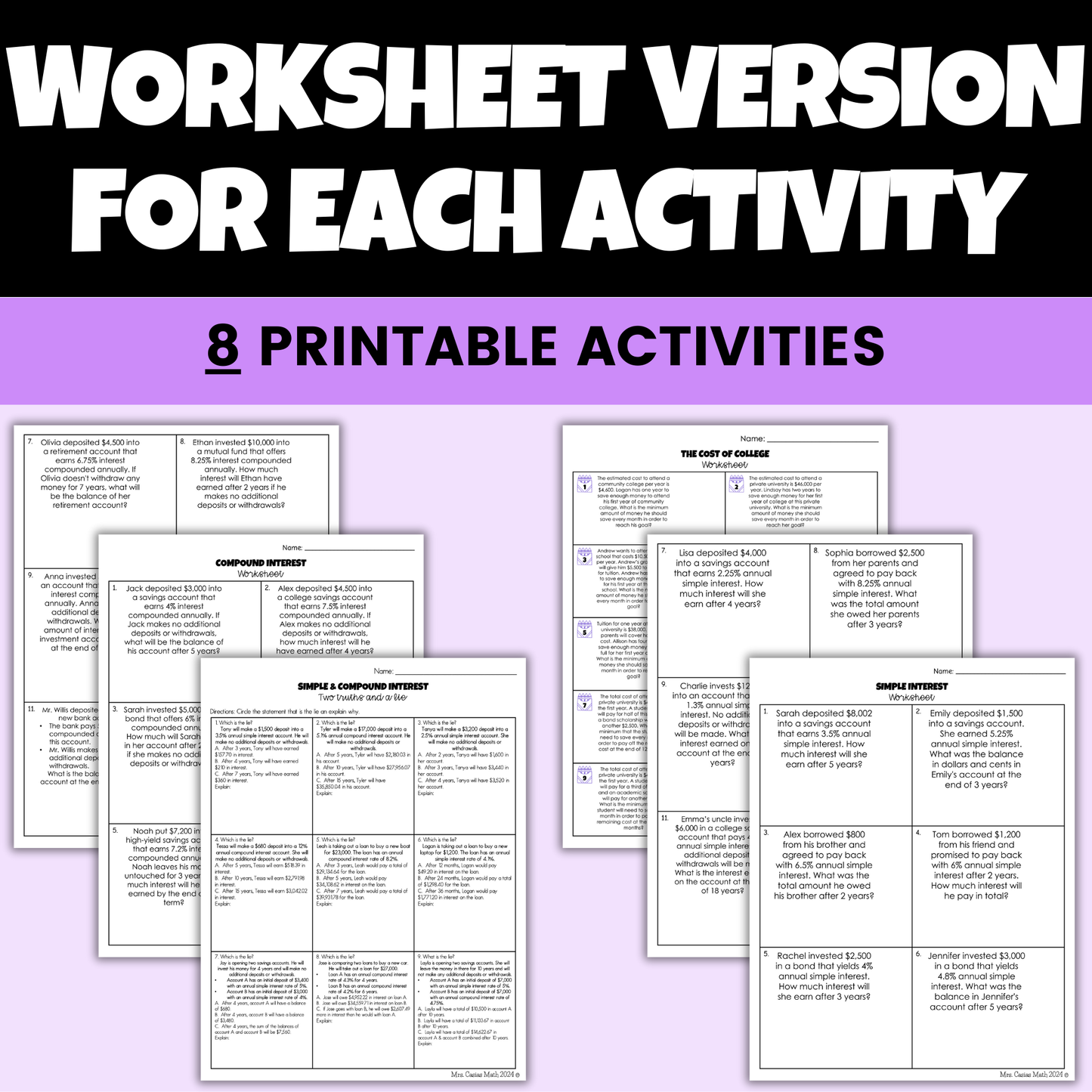 Personal Financial Literacy Digital Activities and Worksheets 8th Grade Math