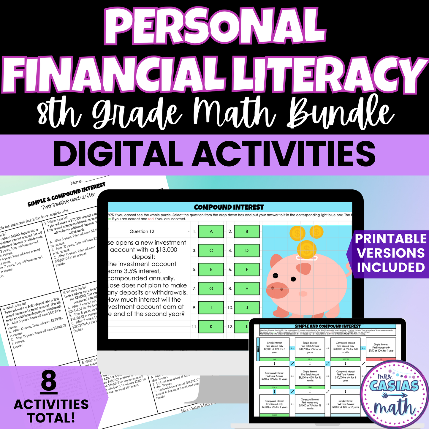 Personal Financial Literacy Digital Activities and Worksheets 8th Grade Math