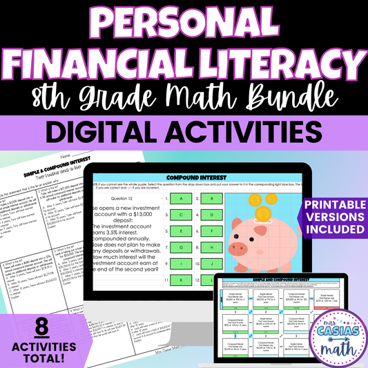 Personal Financial Literacy Digital Activities and Worksheets 8th Grade Math