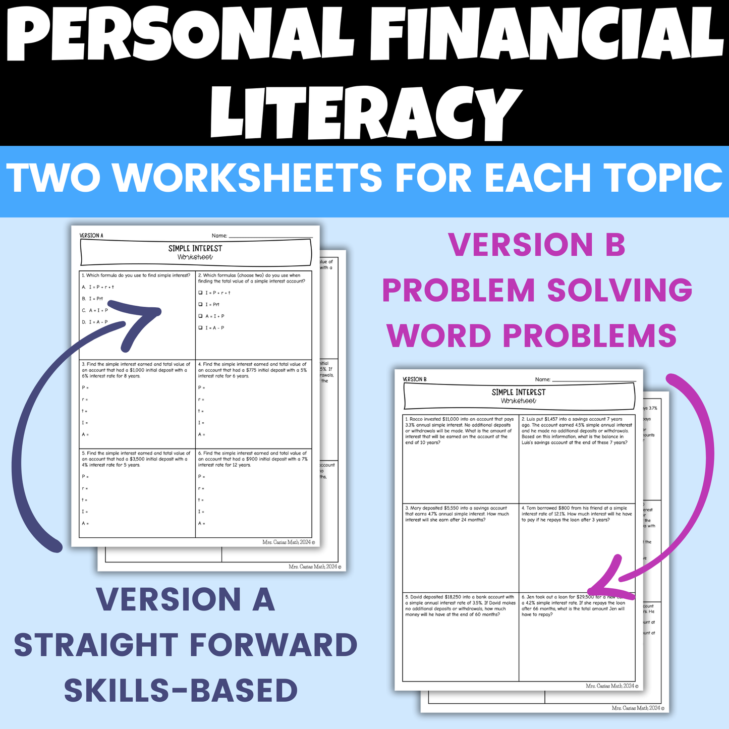 Personal Financial Literacy Differentiated Worksheets 8th Grade Math