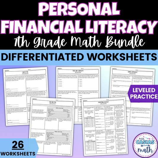 Personal Financial Literacy Differentiated Worksheets BUNDLE 7th Grade Math