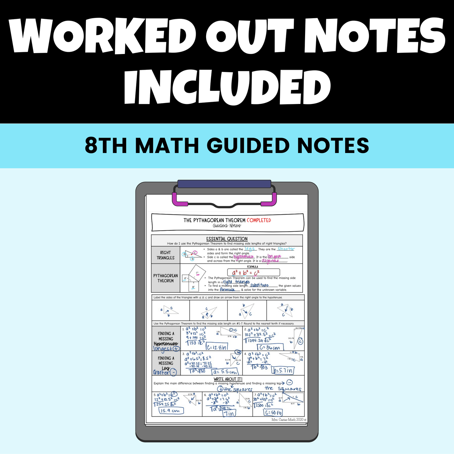 Pythagorean Theorem Guided Notes Lessons 8th Grade Math