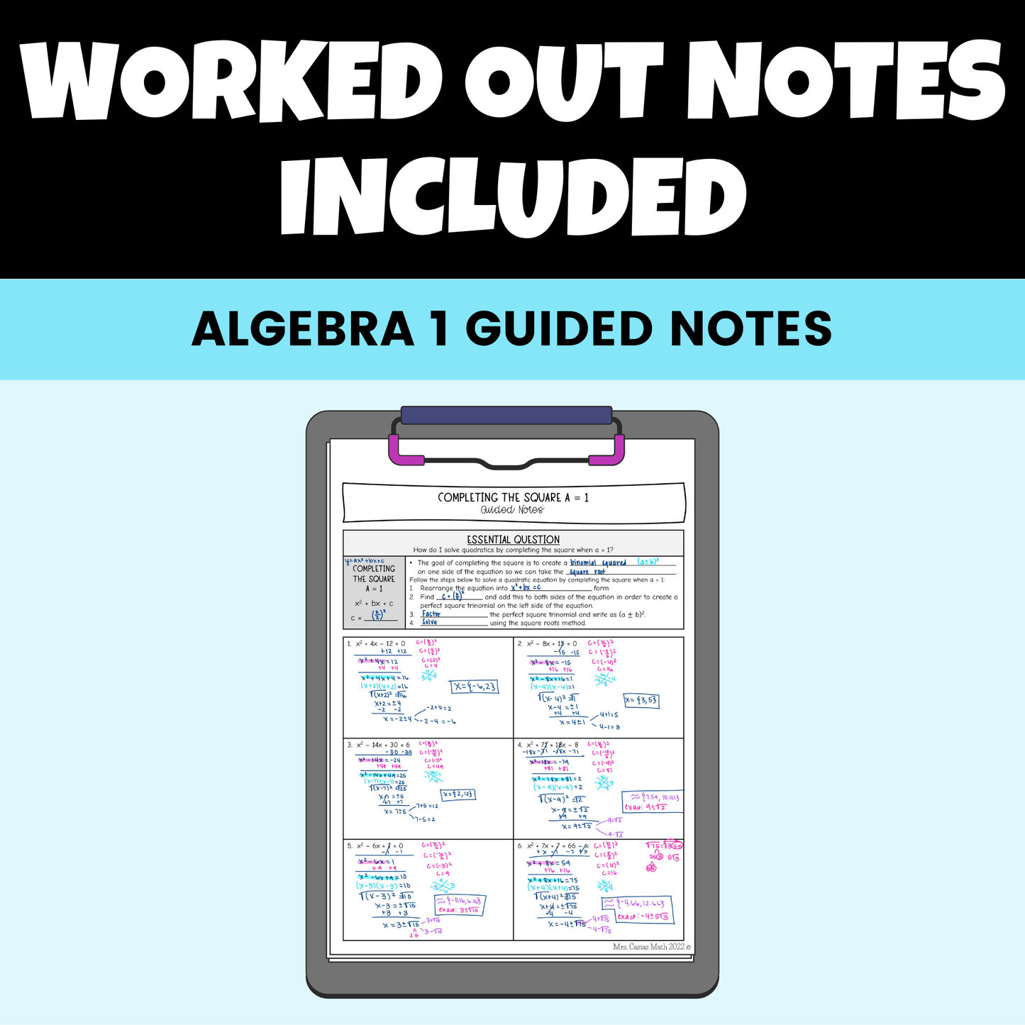 Quadratic Equations Guided Notes Lessons Algebra 1