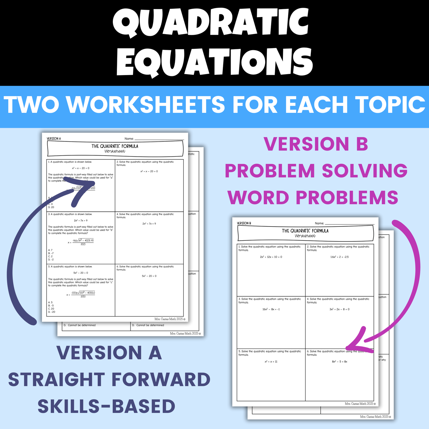 Quadratic Equations Algebra 1 Differentiated Worksheets BUNDLE
